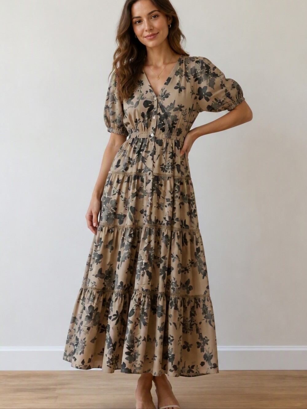 Rachael Zoe* Beige and Black Floral Button-Front Midi Length Dress. Size XS